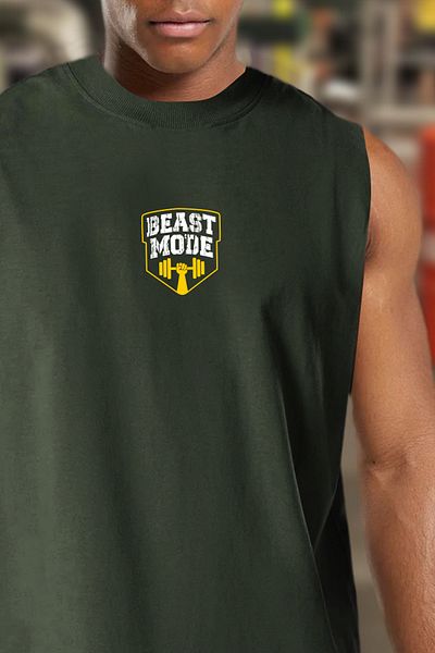 BESSA قميص رياضي رجالي من Beast Mode مطبوع باللون الكاكي كبير الحجم برقبة دائرية من القطن بدون أكمام