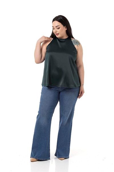 DISENTIS MODEST Plus Size Halter Neck Satin Textured Lined Emerald Blouse