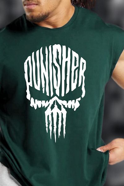 BESSA Men's Punisher Muscle Printed Mint Green Oversize Crew Neck Cotton Sleeveless Athlete