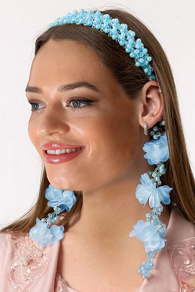 lohusahamile Special Design Maternity Crown with Dangling Earrings and Blue Pearls