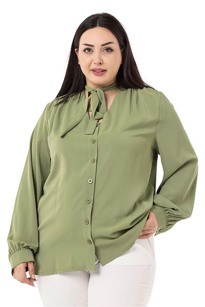 DISENTIS MODEST Cămașă Plus Size Verde Fistic cu Detaliu Halter și Manșete