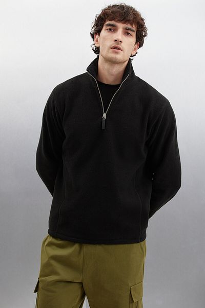 GRIMELANGE Hayes Herren-Fleece-Fleece mit halblangem Reißverschluss, dicker, strukturierter, bequemer Passform, schwarzes Fleece mit Lederaccessoires