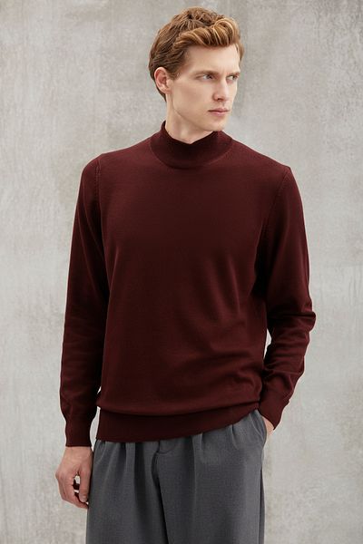 GRIMELANGE Cesare Herren-Pullover aus 50 % Baumwolle, spezieller Seidengriff, Anti-Pilling, weicher Stehkragen, Burgunderrot