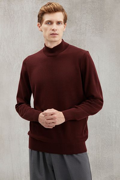 GRIMELANGE Cesare Herren-Pullover aus 50 % Baumwolle, spezieller Seidengriff, Anti-Pilling, weicher Stehkragen, Burgunderrot