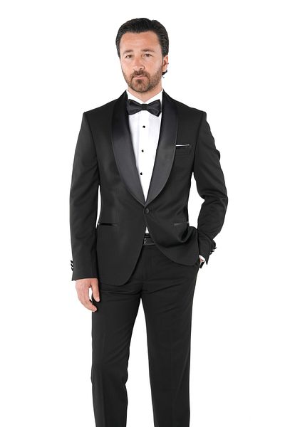PAREZ Men's Luxury Tuxedo Groom Suit Single Button Italian Italian Style Jacket Pants Bow Tie-Black
