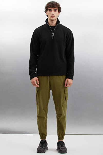 GRIMELANGE Hayes Men's Fleece Half Zipper Thick Textured Comfort Fit Black Fleece with Leather Accessories