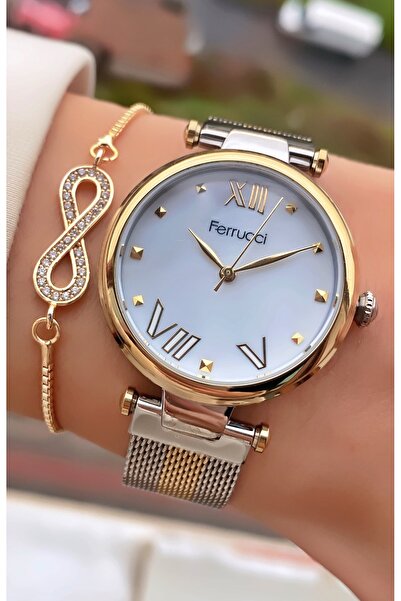 Ferrucci ساعة يد نسائية بحبل فولاذي ذهبي اللون - سوار