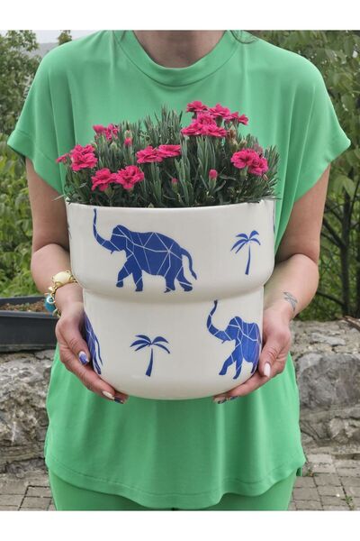 MeGgDecor Altı Delikli Dev Boy Desenli Seramik Saksı