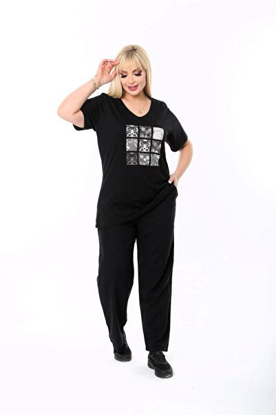 vividbutik Large Size V-Neck Gold Patterned T-Shirt