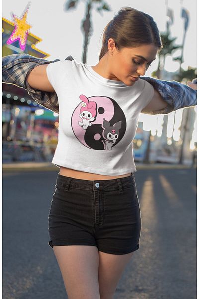 Fuddy Moda Μπλούζα με στάμπα Kuromi and Melody, Γυναικεία χαριτωμένη μπλούζα με στάμπα με εικονίδιο κακής καλής