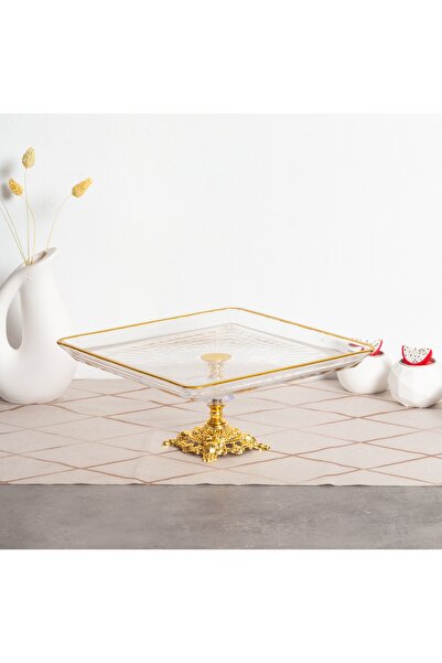 Elta Collection Paşabahçe Kristal Metal Ayaklı Yaldızlı Kare Pasta Sunumluk Yılbaşı Özel