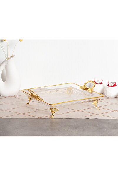 Elta Collection Paşabahçe Kristal Metal Ayaklı Yaldızlı Kare Pasta Sunumluk K...