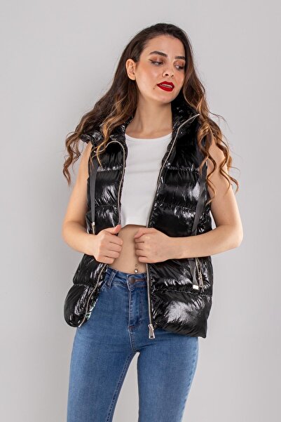 Robin D99071 Kapüşonlu Parlak Şişme İçi Leopar Astarlı Yelek