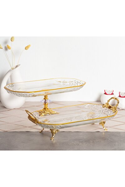 Elta Collection 2 li Paşabahçe Kristal Metal Ayaklı Yaldızlı Kare Pasta Sunum...