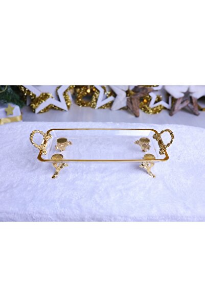 Elta Collection Paşabahçe Kristal Metal Ayaklı Yaldızlı Sunumluk Kurabiyelik Tepsii