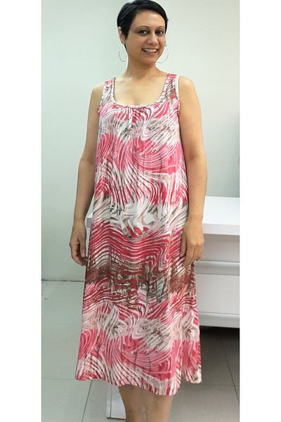 Mertcan Butik Red Pink Patterned Combed Cotton Viscose Dress with Shirred Front and Back