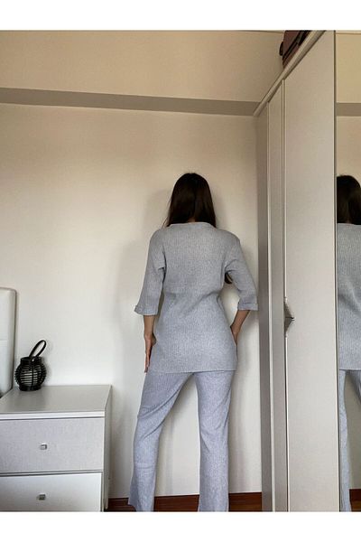 FAMES PİJAMA Summer Large Size Gray Corded Spanish Leg Pajamas Set