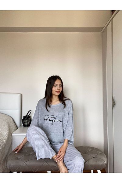 FAMES PİJAMA Summer Large Size Gray Corded Spanish Leg Pajamas Set