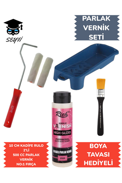 SEYFİKİRTASİYE 500 CC PARLAK VERNİK SETİ 10 CM KADİFE RULO 2'Lİ 500 CC PARLAK VERNİK NO:1 FIRÇA BOYA TAVASI HEDİYE