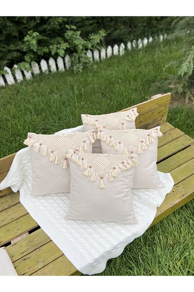 Realhomes Hand Lace and Knitted Rope Embroidered Tassel Organic Cotton 4-Piece Linen Throw Pillow Cover