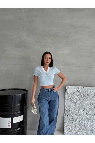 GOSSİP TEAM Μπλουζάκι Zerocircle Y2K με εμπριμέ με λαιμόκοψη σε μπλε Crop