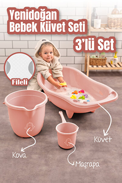 Vienev 3'lü Set Fileli Yenidoğan Küvet Seti Pembe