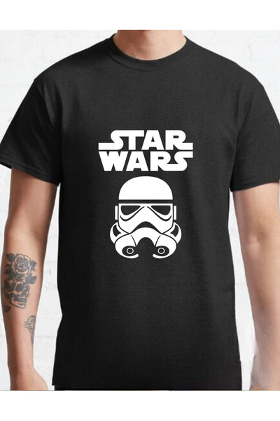AEMİ Tricou negru de calitate supradimensionat, unisex, imprimat Star Wars, 100% bumbac, cu gât turnut