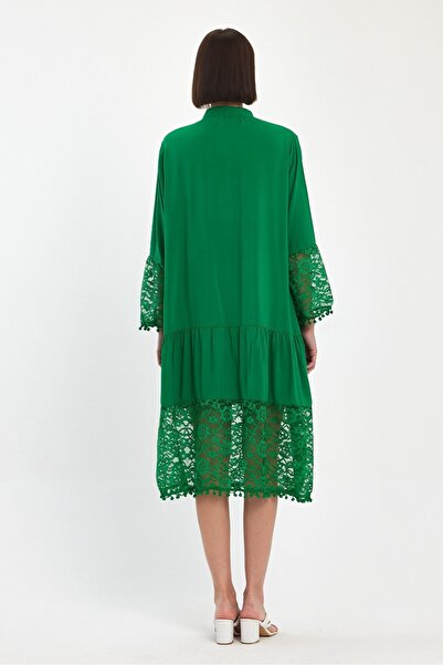 AYASOFYA OTANTIK Γυναικείο φόρεμα με πράσινο γιακά με κουμπιά με μανίκια και λεπτομέρεια με κορδόνι στο στρίφωμα
