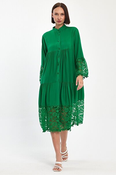 AYASOFYA OTANTIK Γυναικείο φόρεμα με πράσινο γιακά με κουμπιά με μανίκια και λεπτομέρεια με κορδόνι στο στρίφωμα