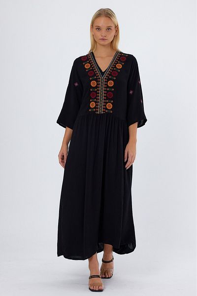 AYASOFYA OTANTIK Women's Black V-neck Ethnic Embroidery Embroidered Long Dress