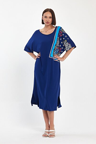 AYASOFYA OTANTIK Women's Blue Print Ethnic Embroidery Detailed Oversize Casual Combed Cotton Dress