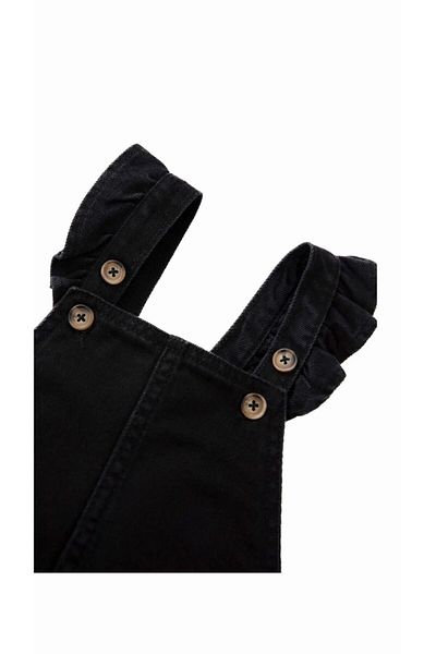 minny max Girl's Black Ruffle Jean/denim Overalls with Side Pockets
