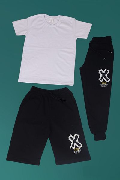 Çiggo Kids Tricou simplu din bumbac de bază și pantaloni de trening cu imprimeu Win X și combinație din 3 piese Capri