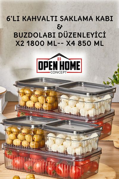 Open Home Concept 6-Piece Breakfast Storage Container with Leak-Proof Lid - x2 1800 ml - x4 850 ml