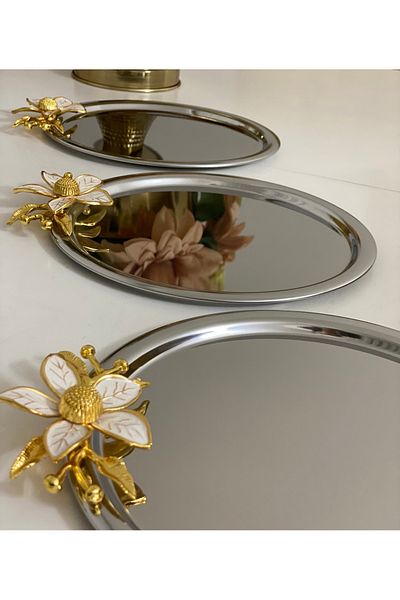 Elzemm store STEEL ROUND 3 PIECES LARGE FLOWERED SERVICE AND PRESENTATION TABLE