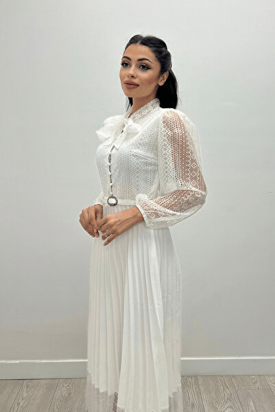 giyimmasalı Φόρεμα μίντι με δαντέλα και λεπτομέρεια πιέτας - ΛΕΥΚΟ