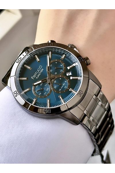 Ferrucci Men's Smoked Blue Function Metal Cord Wristwatch - Numberless Dial, Day and Calendar