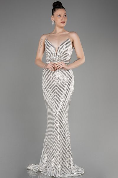 Abiyefon Beige Mermaid Evening Dress - Long Sequined and Rope Strap ABU892
