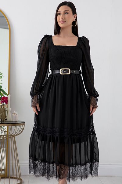 PULLIMM Rochie din șifon din dantelă cu fustă cu mânecă Gipeli la piept NY4003