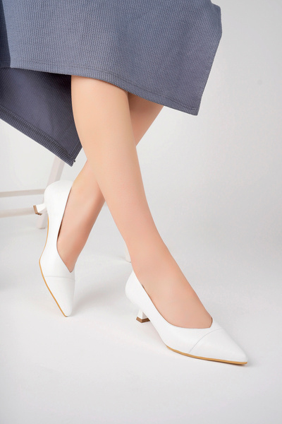 Deripabuc Genuine Leather White Women's Leather Heeled Shoes Trc-63816