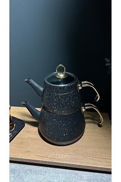 BENA LİFE Granite Teapot Set with Gold Handles