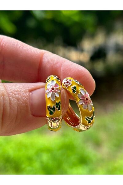 ByMerve Bym239 Vintage Çiçek Desenli Mineli Sarı Halka Model Kadın Çelik Küpe