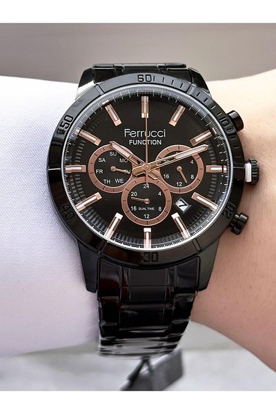 Ferrucci Men's Black Active Function Metal Cord Wristwatch - Numeral-Free Dial, Day and Calendar