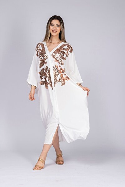 Eceyaman moda women's white front sequin embroidery oversize dress