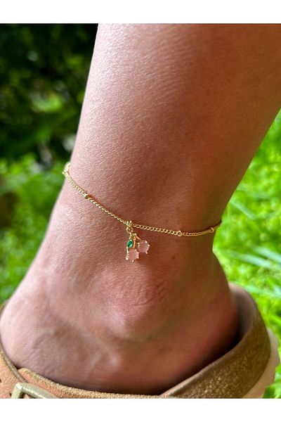 ByMerve Bym286 Chain Model Adjustable on Your Wrist Anti-Tarnish and Pink Cherry Detailed Women's Anklet