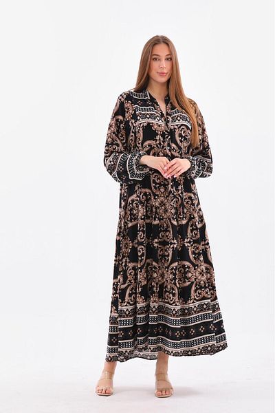 AYASOFYA OTANTIK Women's Navy Blue Button Detailed Patched Collar Ethnic Patterned Long Dress with Elastic Sleeve and Balloon Sleeves