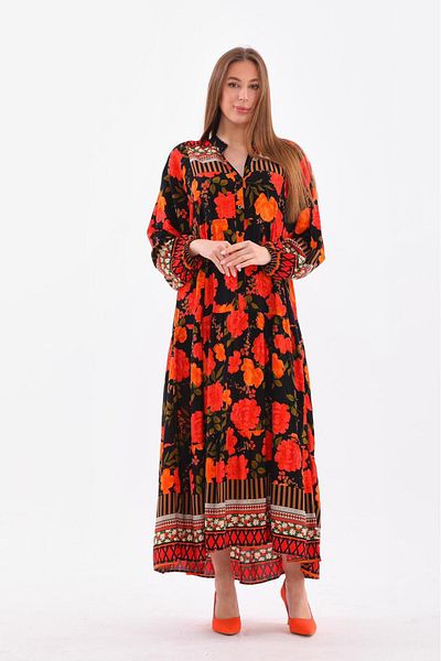 AYASOFYA OTANTIK Rochie lungă și lejeră pentru femei, cu nasturi negri, cu guler cu plăcuță, cu imprimeu floral, cu mâneci cu balon elastic