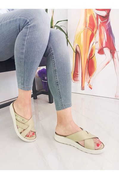GDT Ayakkabı Mint Green Color Genuine Leather Flat Sole Women's Slippers