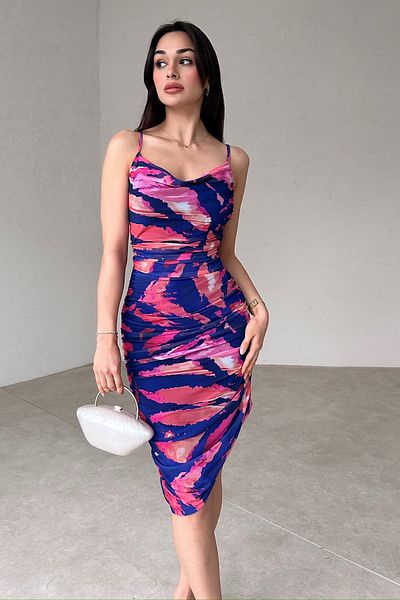 lovebox Women's Flexible Fabric Degaje Collar Digital Print Design Strap Evening Dress 096