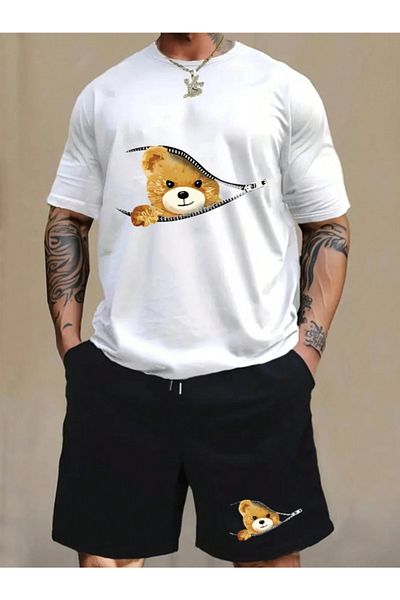Revasser Σετ μπλουζάκι Unisex Γυναικείο/Ανδρικό Λευκό BEAR Προσαρμοσμένο εμπριμέ σορτς